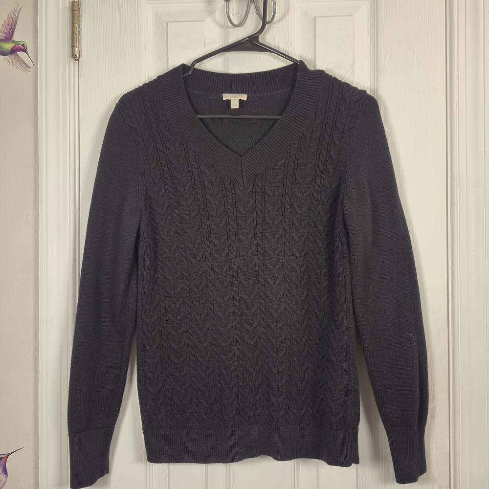 Talbots Black 100% Cotton Cable Knit V-Neck Sweater Size Small